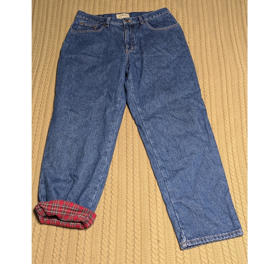 LL Bean Flannel Lined Jeans Womens 14 Pet Relaxed Fit Plaid Denim Blue High Rise